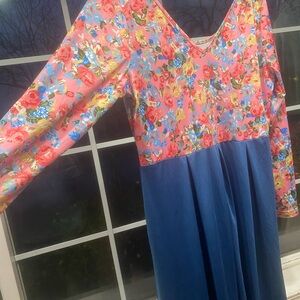 Floral Long Sleeve Dress with Blue Skirt XL
